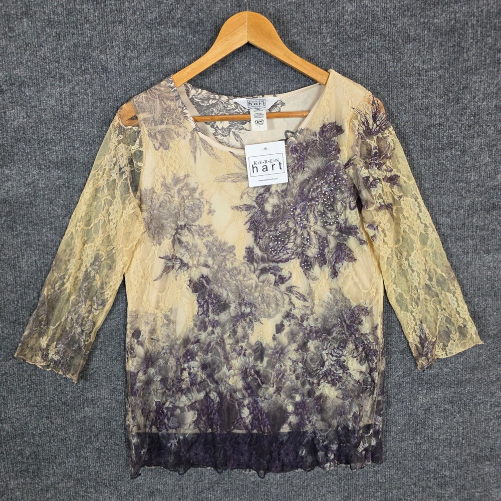Vintage NEW Keren Hart L Floral Lace Mesh Top Rhinestone 3/4 Sleeve Purple Cream